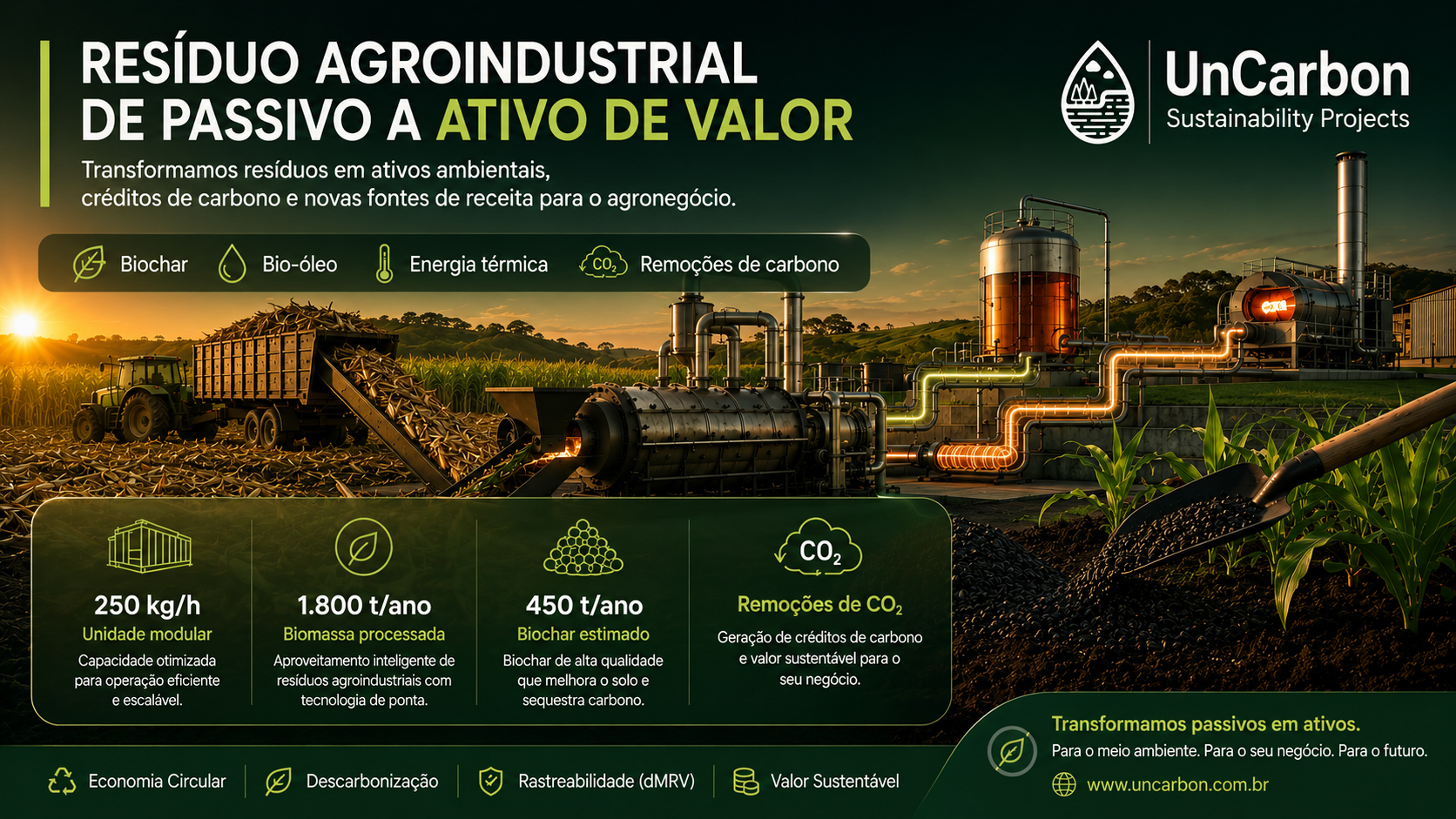 Ilustração de uma unidade de pirólise processando resíduos agroindustriais para produzir biochar, bio-óleo, energia térmica e remoções de carbono. A imagem apresenta capacidade modular de 250 kg/h, processamento estimado de 1.800 toneladas de biomassa por ano e produção estimada de 450 toneladas de biochar por ano.